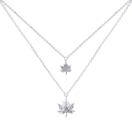 Silver CZ Double Strand Canada Maple Leaf Charm Necklace - GVK271
