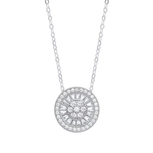 Silver Baguette CZ Sunburst Halo Cluster Necklace 17 inch - GVK272