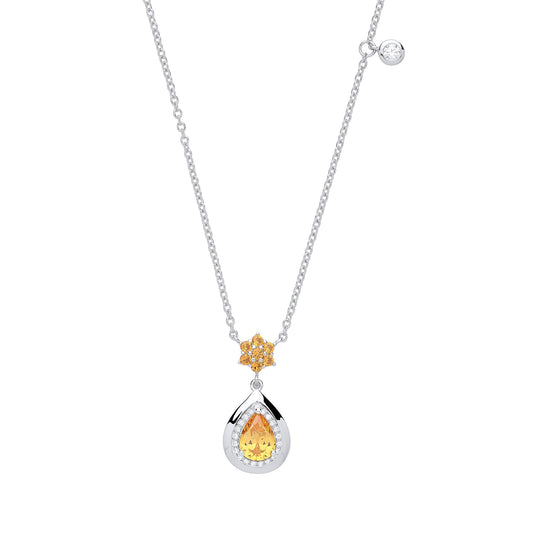 Silver Golden Yellow Pear CZ Honey Pendant Necklace 16 inch - GVK274