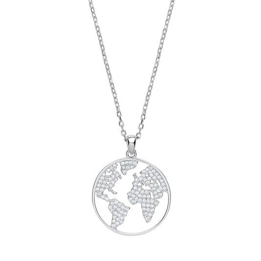 Silver CZ Pave World Atlas Pendant Necklace 16 inch - GVK276