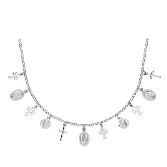 Silver Religious Cross Medallion Charm Necklace 16 inch - GVK287