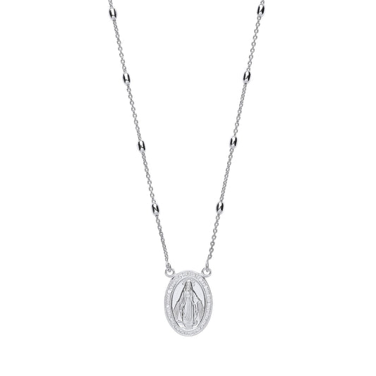 Silver Religious Medallion Bead Necklace 16 inch - GVK288
