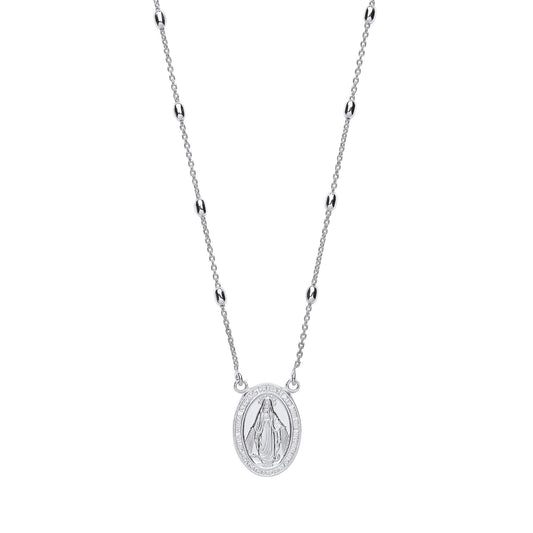 Silver Religious Medallion Bead Necklace 16 inch - GVK288