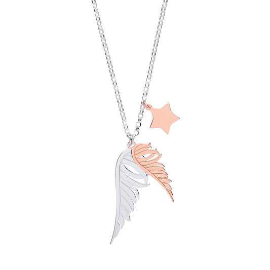 Rose Silver Star Angel Wings Charm Necklace 16 inch - GVK292
