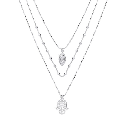 Silver Hamsa & Anti Evil Eye Bead Necklace 16 inch - GVK293