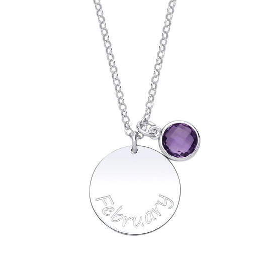 Silver Purple CZ Birthstone February Round Tag Necklace 16" 20mm - GVK306AM