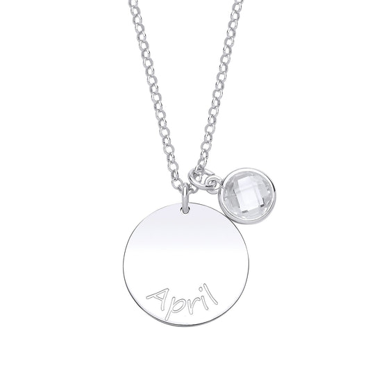 Silver CZ Birthstone April Round Tag Necklace 16" 20mm - GVK306CRY