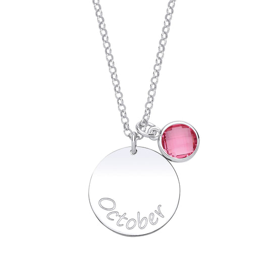 Silver Pink CZ Birthstone October Round Tag Necklace 16" 20mm - GVK306PINK