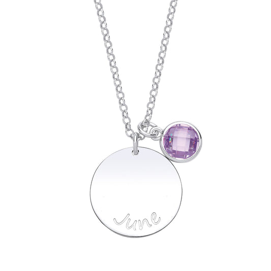 Silver Lilac CZ Birthstone June Round Tag Necklace 16" 20mm - GVK306VIO