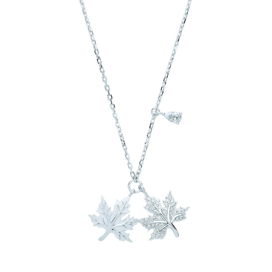 Silver Pear CZ Canada Maple Leaf Charm Necklace - GVK320