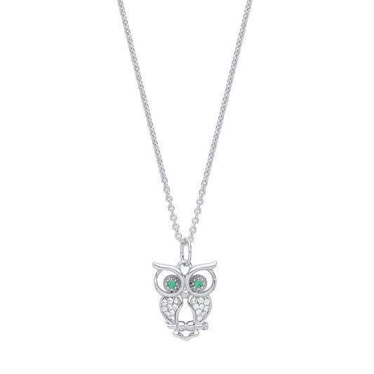 Silver Green CZ Wise Owl Hoot Charm Necklace - GVK322