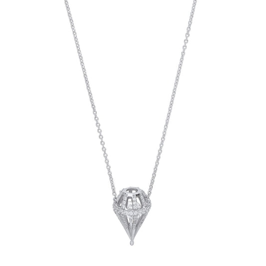 Silver CZ 3D Dia-shaped Cage Charm Necklace - GVK326