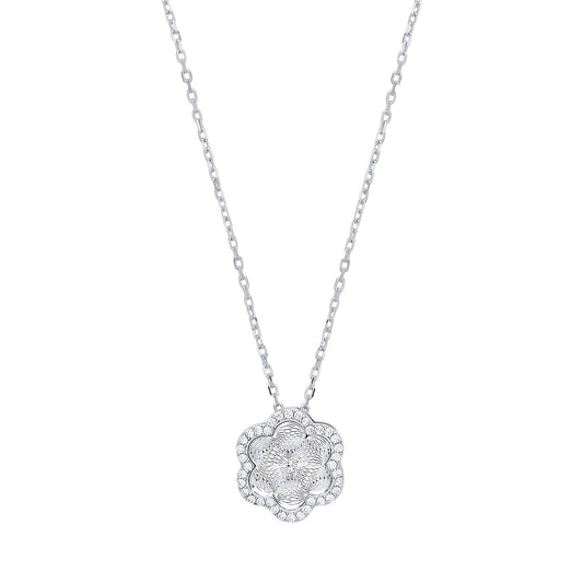 Silver CZ Dia-cut Kaleidoscope Guilloché Charm Necklace - GVK327