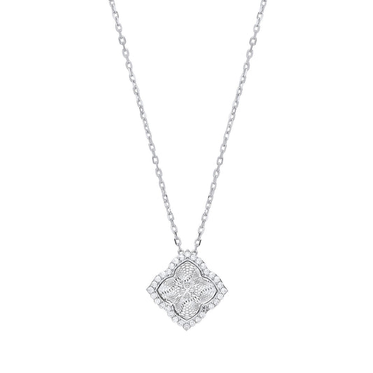 Silver CZ Dia-cut Kaleidoscope Guilloché Charm Necklace - GVK328