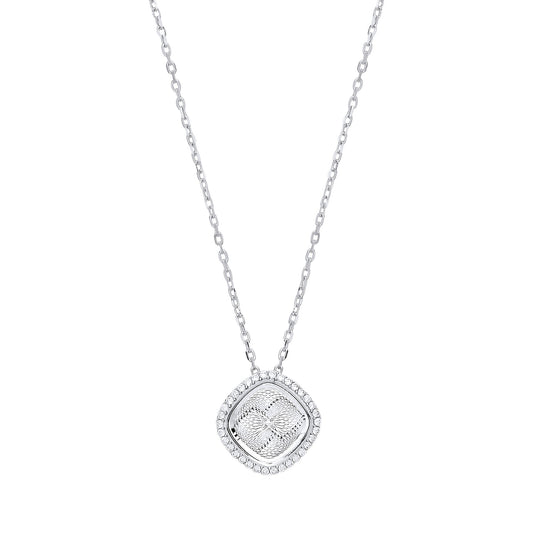 Silver CZ Dia-cut Kaleidoscope Guilloché Charm Necklace - GVK329