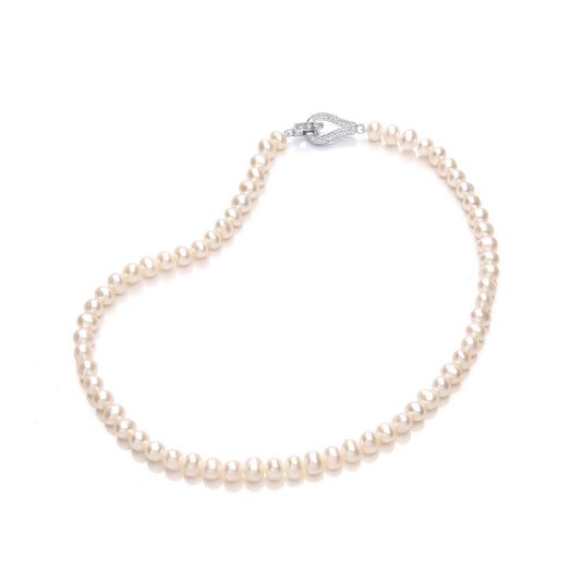 Silver CZ Pearl Loop Clasp Bead Necklace 6-7mm 16 inch - GVK335