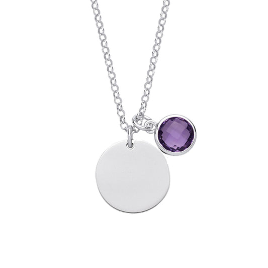 Silver Purple CZ Birthstone Round Tag Necklace 16" 15mm - GVK338AM