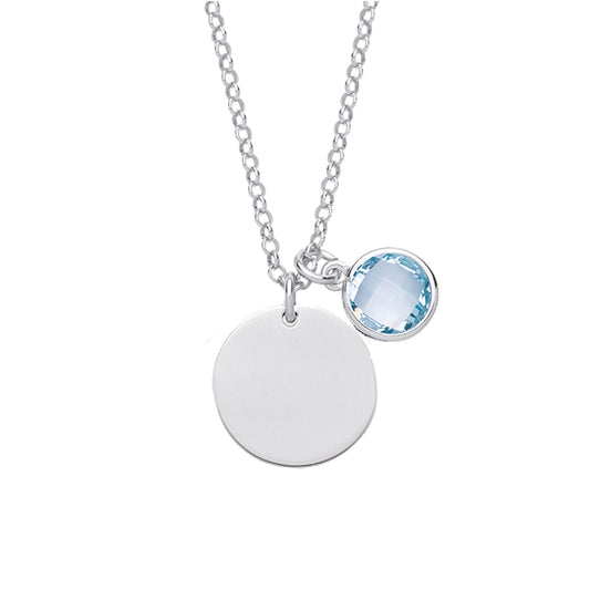 Silver Light Blue CZ Birthstone Round Tag Necklace 16" 15mm - GVK338AQ