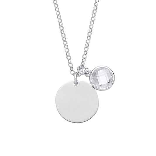 Silver Checkerboard Button CZ April Birthstone Medallion Necklace - GVK338CRY