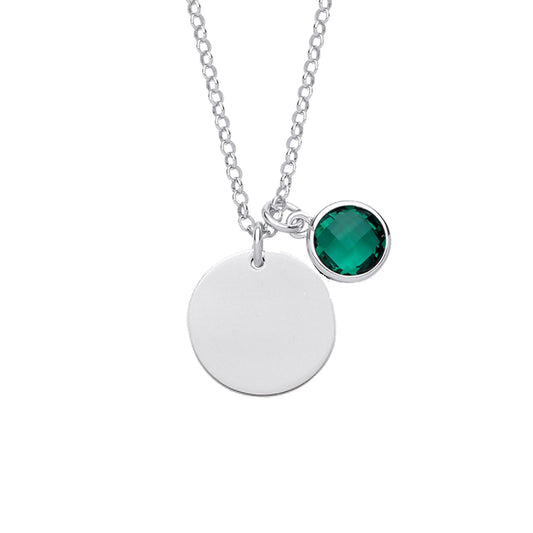 Silver Green CZ Birthstone Round Tag Necklace 16" 15mm - GVK338EM