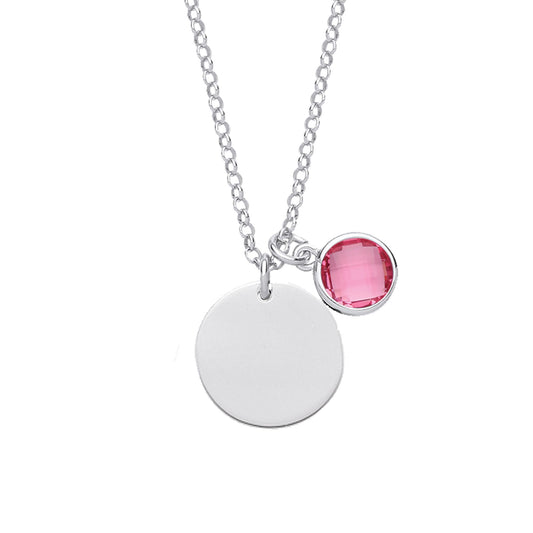 Silver Pink Button CZ October Birthstone Medallion Necklace - GVK338PINK