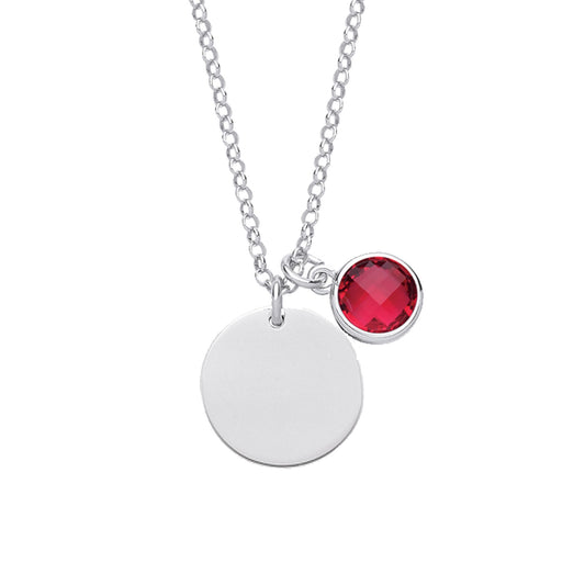 Silver Red CZ Birthstone Round Tag Necklace 16" 15mm - GVK338RUB