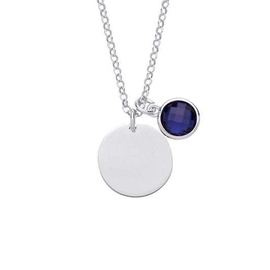 Silver Blue Button CZ September Birthstone Medallion Necklace - GVK338SAP