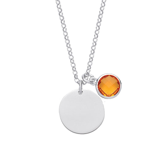Silver Honey Orange CZ Birthstone Round Tag Necklace 16" 15mm - GVK338TC