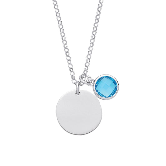 Silver Aqua Blue CZ December Birthstone Medallion Necklace 16inch - GVK338TZT