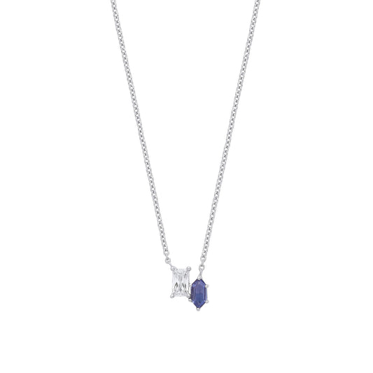 Silver Blue Hexagon CZ Lavalier Toi et Moi Necklace 16 + 2" - GVK340