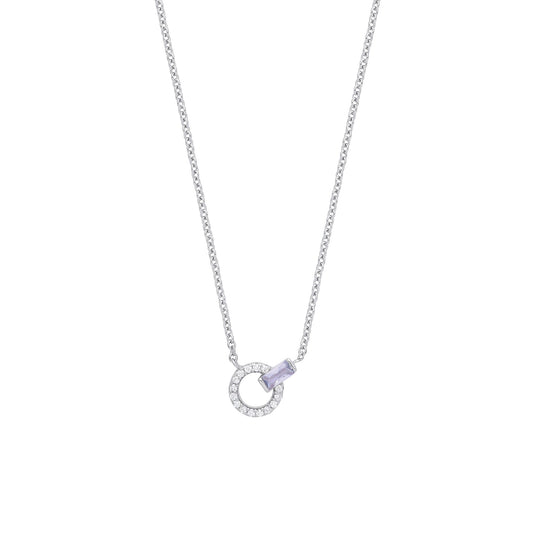 Silver Lilac Radiant CZ Inverted Q Power Button Halo Necklace 17" - GVK341