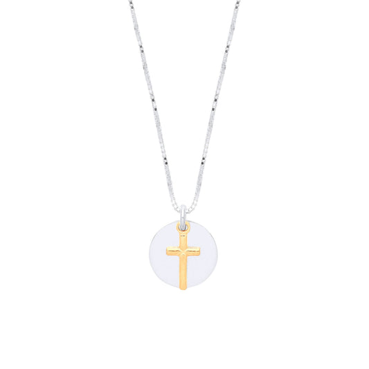 Gilded Silver Cross Charm & Round Disc Lavalier Necklace 16 + 1" - GVK347