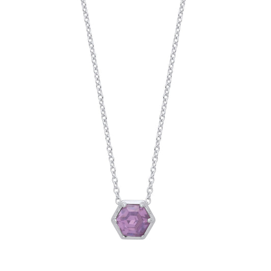 Silver Purple Hexagon Honeycomb CZ Bezel Solitaire Necklace 18" - GVK363AM