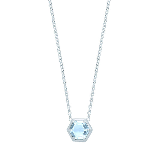 Silver Blue Hexagon Honeycomb CZ Bezel Solitaire Necklace 18" - GVK363BT