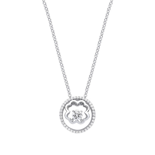 Silver CZ 4 Leaf Clover Circle of Life Solitaire Necklace 20" - GVK367