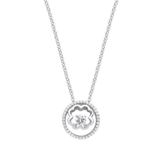 Silver CZ 4 Leaf Clover Circle of Life Solitaire Necklace 20" - GVK367