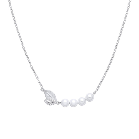 Silver Cream Pearl CZ Leaf Hammock Lazy Peas Necklace 17.5" - GVK369