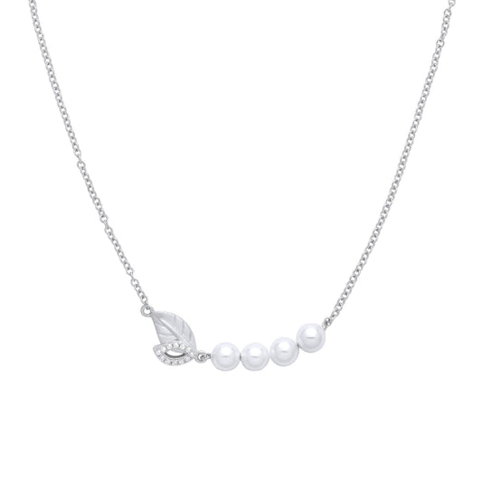 Silver Cream Pearl CZ Leaf Hammock Lazy Peas Necklace 17.5" - GVK369