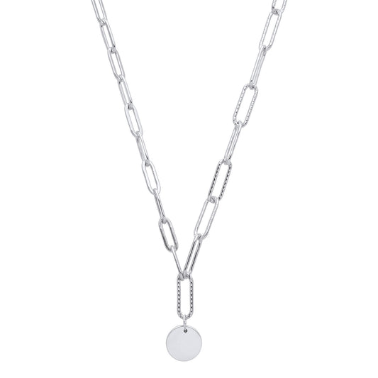Silver Hammered Paperclip Round Disc Lavalier Necklace 18 + 2" - GVK372