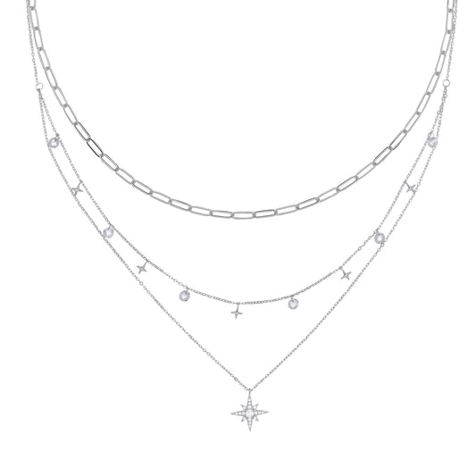 Silver CZ Floating Star Charms Paperclip Necklace 19" - GVK373