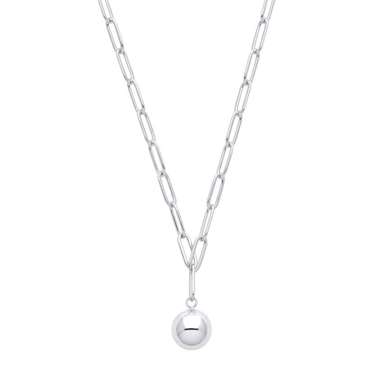 Silver Flat Paperclip Round Ball Pendant Necklace 9mm 18 + 2 inch - GVK378