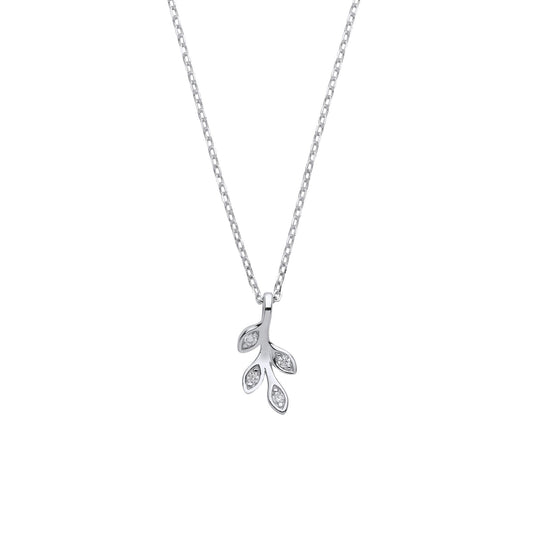 Sterling Silver CZ Olive Leaf Branch Pendant Necklace 18 + 2 inch - GVK380