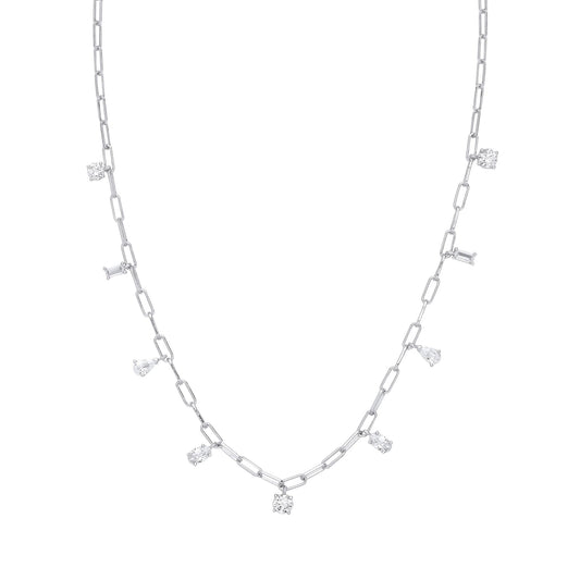 Silver Oval Pear Emerald CZ Floating Paperclip Necklace 18" - GVK397