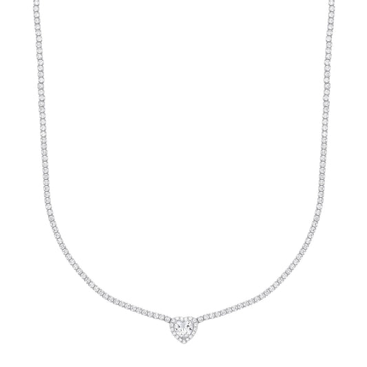 Silver Heart CZ Love Heart Halo Tennis Necklace 2mm 14 + 2 inch - GVK399