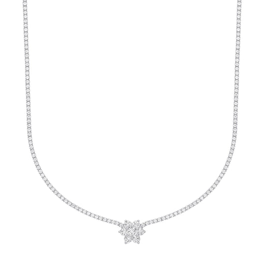 Sterling Silver CZ Flower Cluster Tennis Necklace 2mm 14 + 2 inch - GVK400