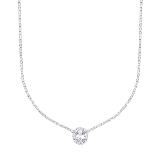 Silver Oval CZ Oval Solitaire Halo Tennis Necklace 2mm 16" - GVK401