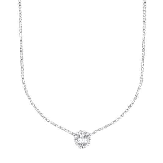 Silver Oval CZ Oval Solitaire Halo Tennis Necklace 2mm 16" - GVK401