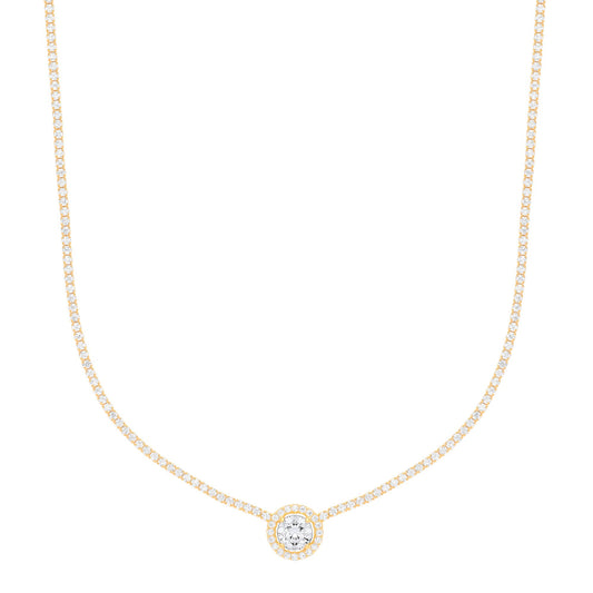 Gilded Silver CZ Round Solitaire Halo Tennis Necklace 2mm 16" - GVK402