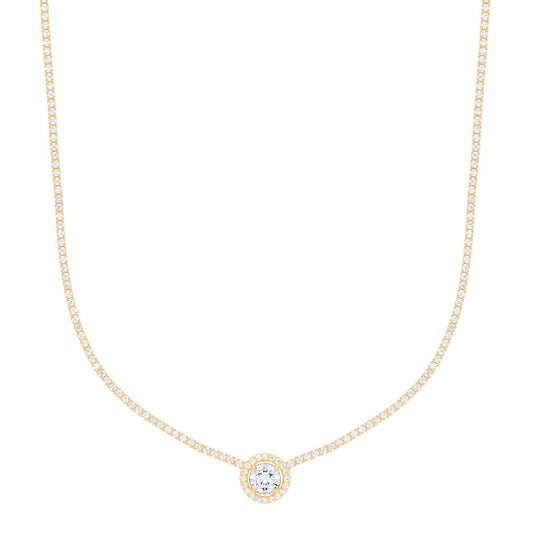 Gilded Silver CZ Round Solitaire Halo Tennis Necklace 2mm 16" - GVK402