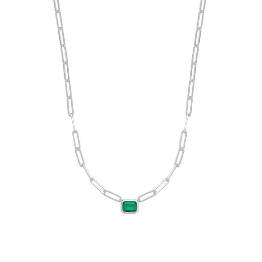 Silver Green Emerald CZ Paperclip TV Bezel Shape Necklace 3mm 18" - GVK413